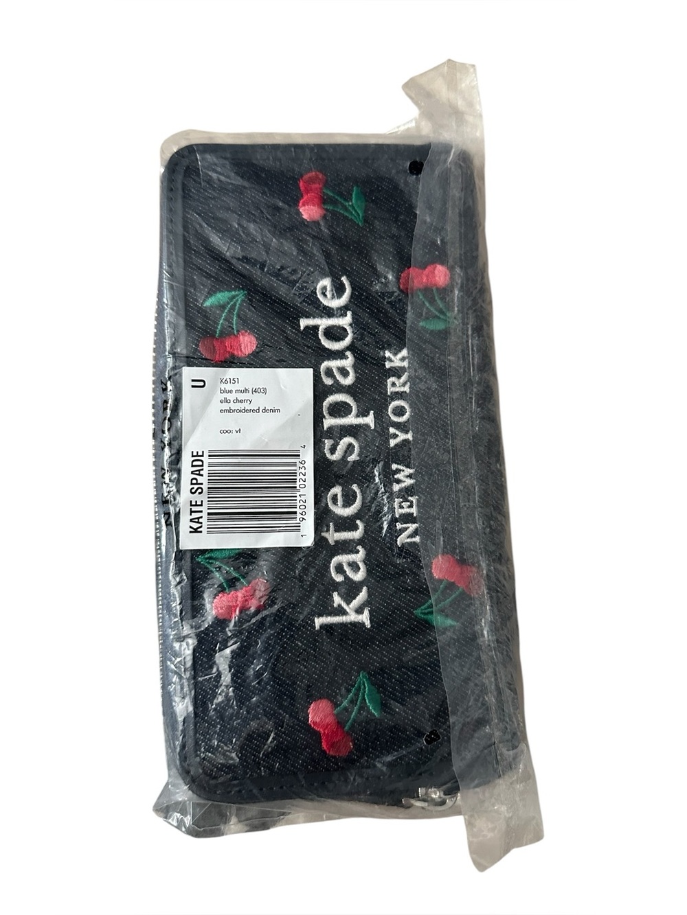 Kate Spade Ella Large Cherry Continental Wallet Embroidered Denim Blue $259 NWT - Picture 6 of 6